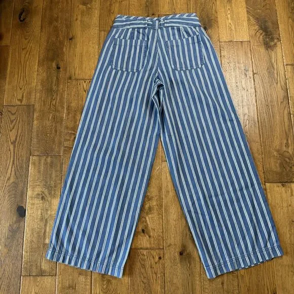 American Eagle Chambray Hi Rise Wide Leg Striped Pant Tie Waist Womens Size 0 - Picture 6 of 7